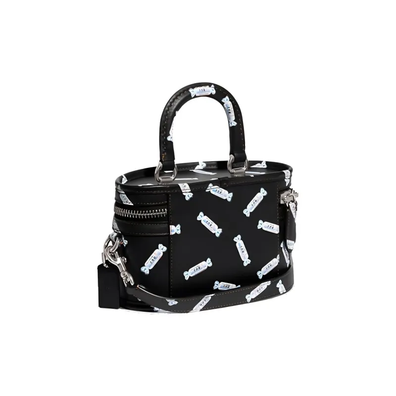 COACH Baymax Rabbit, Collaboration Trail Leather Box Bag, Makeup Bag, Handbag Women's Black-1