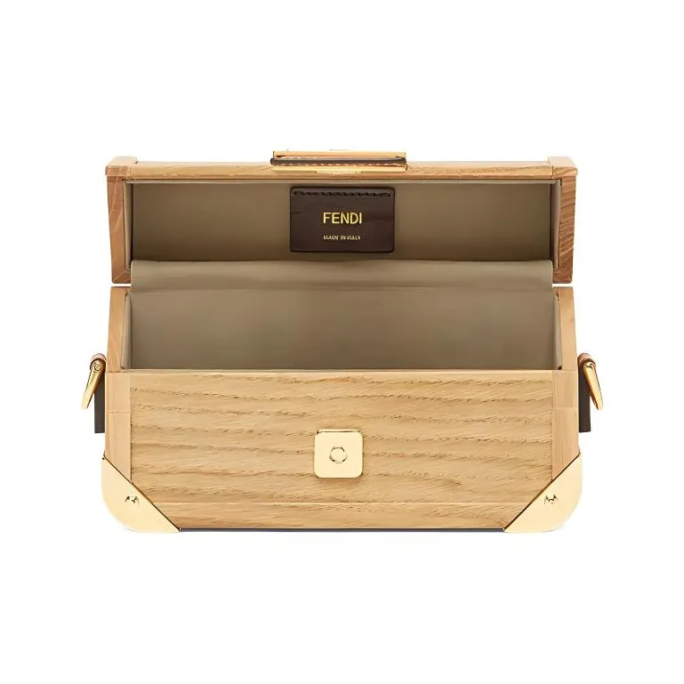 FENDI BaguetteTrunk Natural Oak With Calfskin Box Bag Baguette Bag Shoulder Bag Crossbody Bag Mini Men's Beige/Brown-3