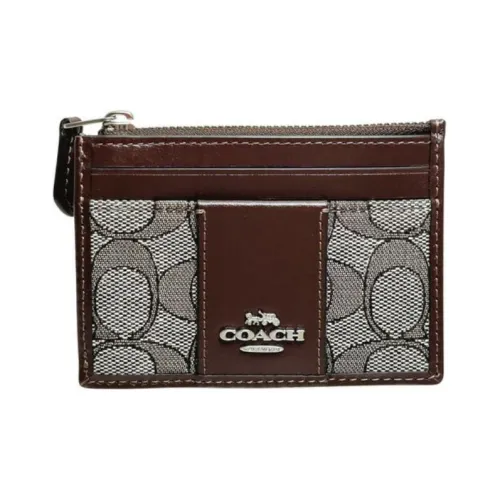 COACH Mini Id Skinny Leather Wallets Card Holders Mini Women's Silver & Oak & Maple