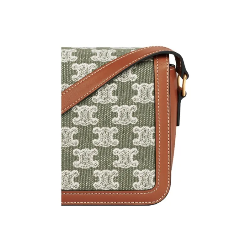 CELINE Embroidered Fabric With Cow Leather Patchwork Shoulder Bag Crossbody Bag Women's Khaki Green-4