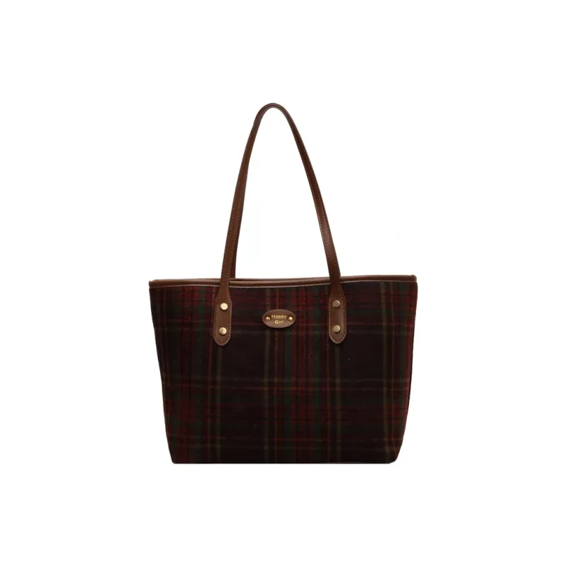 Yalu Woolen Tote Bag Crossbody Bag Shoulder Bag Regular Women's Plaid Green/Red Plaid-0