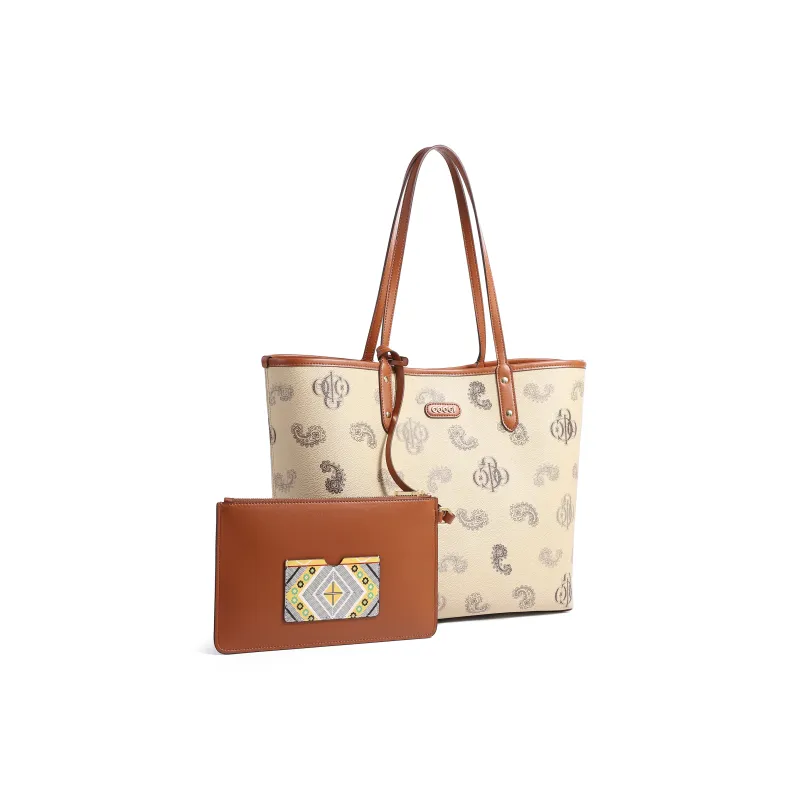 COOGI Synthetic Leather Handbag One Shoulder Tote Large Size Women's Coffee/Ecru/Khaki-1