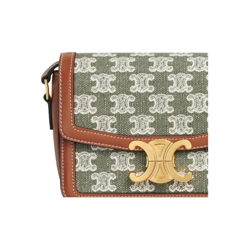 CELINE Embroidered Fabric With Cow Leather Patchwork Shoulder Bag Crossbody Bag Women's Khaki Green-3