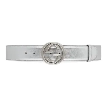 GUCCI Leather Leather Belts Women's Silver Width 4.5cm