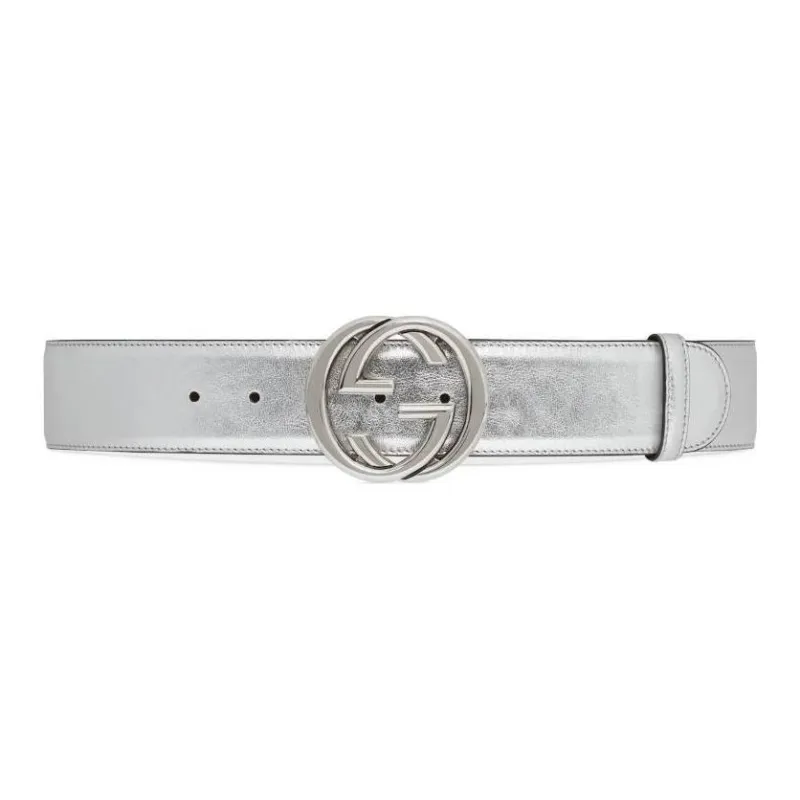 GUCCI Leather Leather Belts Women's Silver Width 4.5cm-0