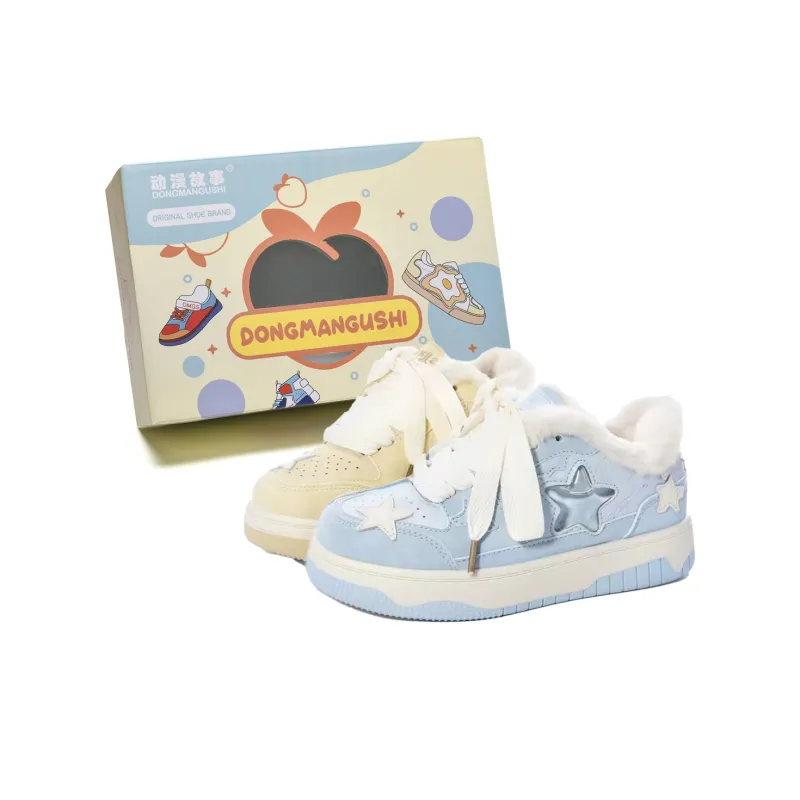 Anime Story Anti Slip Wear Resistant Lightweight Breathable Low Top Skateboard Shoes Women's Cream Blue Box Included-28