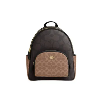 COACH Court Artificial Leather Backpack Large Size Women's Walnut Stained Yellow
