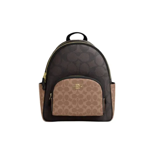 COACH Court Artificial Leather Backpack Large Size Women's Walnut Stained Yellow