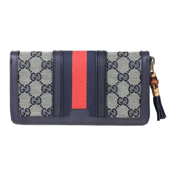 GUCCI Canvas With Leather Long Zip Closure Wallet Women's Greige/Dark Blue