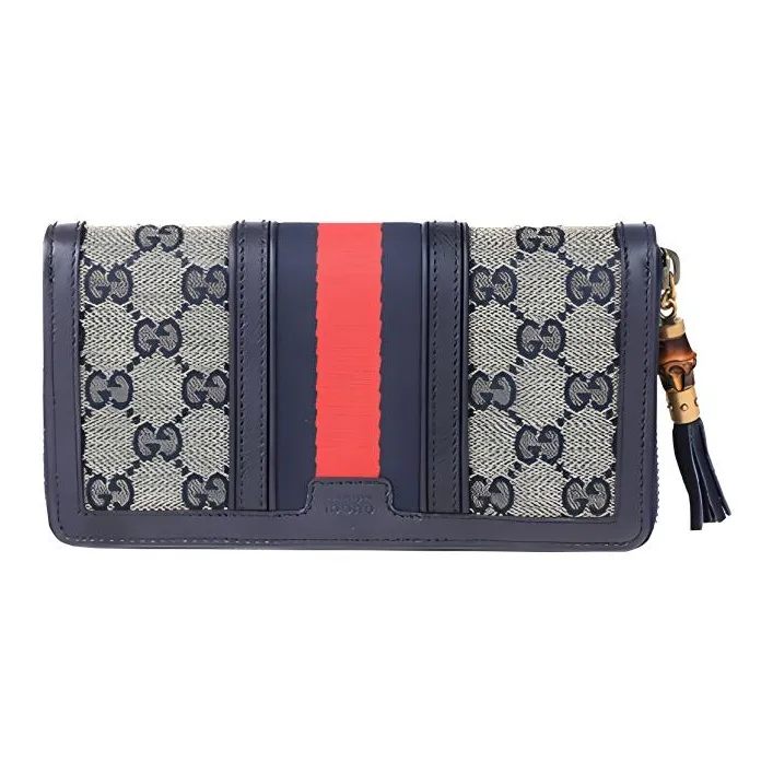 GUCCI Canvas With Leather Long Zip Closure Wallet Women's Greige/Dark Blue-0