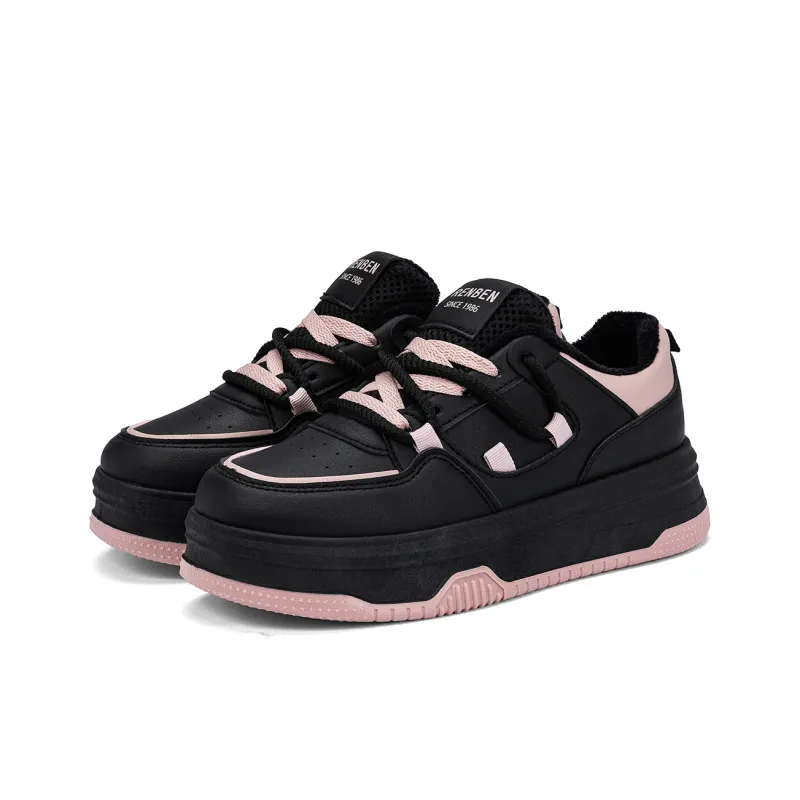 RENBEN Warm Height Increasing Low Top Skateboard Shoes Women's Black Pink-2