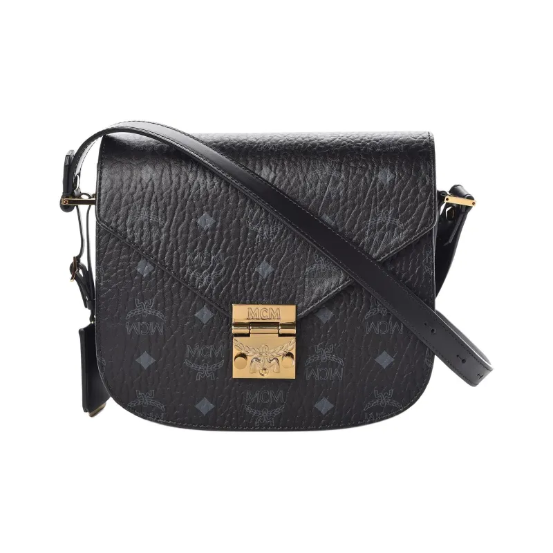 MCM Patricia Visetos Coated Canvas Messenger Bag Shoulder Bag Crossbody Bag Small Size Women's Black/Black Gold-1