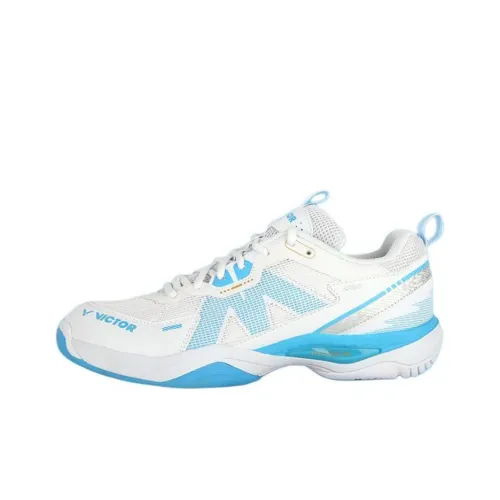 VICTOR Cushioned Slip Resistant Rebound Low Top Badminton Shoes Unisex White Blue