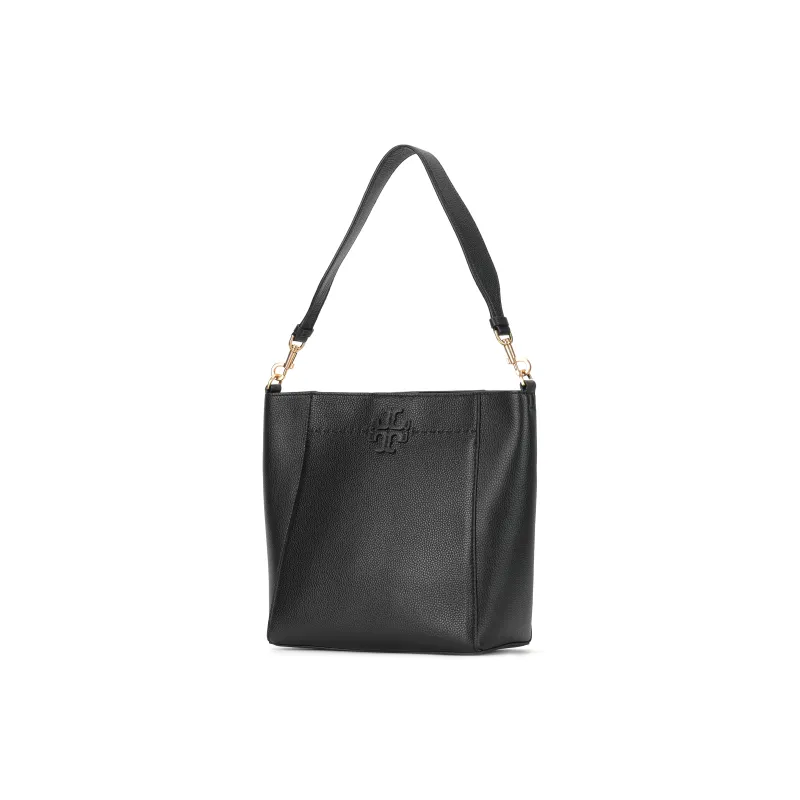 TORY BURCH McGraw Cow Leather Hobo Bucket Bag, One Shoulder Handbag Tubas Women's Black-1