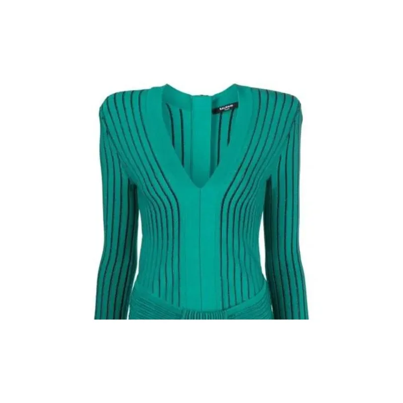 BALMAIN V-Neck Ribbed Knit Mini Dress-4