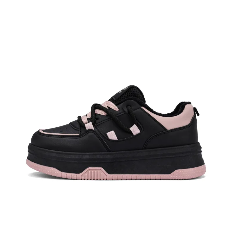 RENBEN Warm Height Increasing Low Top Skateboard Shoes Women's Black Pink-0