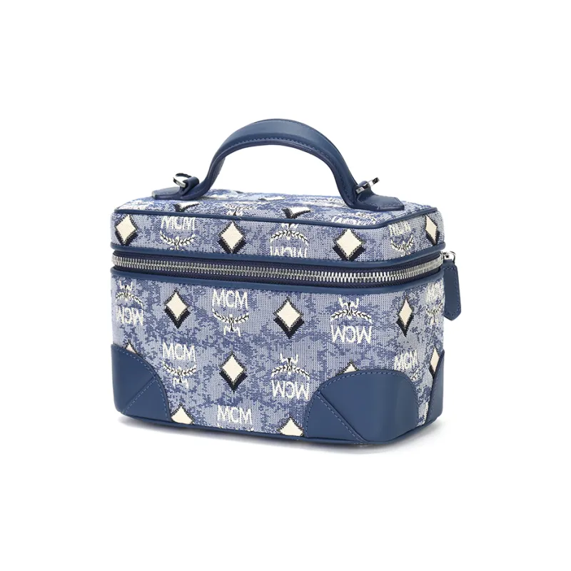 MCM Fabric, Nappa Leather Crossbody One Shoulder Handbag, Makeup Bag Trumpets Women's Denim Blue-1
