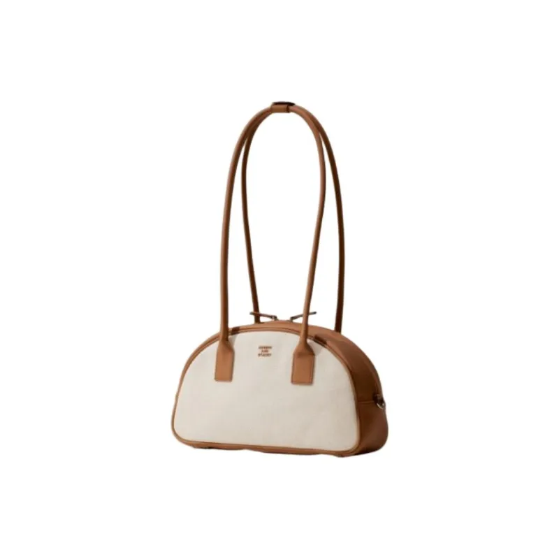 JOSEPH&STACEY Cotton Canvas Bowling Bag Shoulder Bag Women's Ivory With Mountain Walnut Brown-1