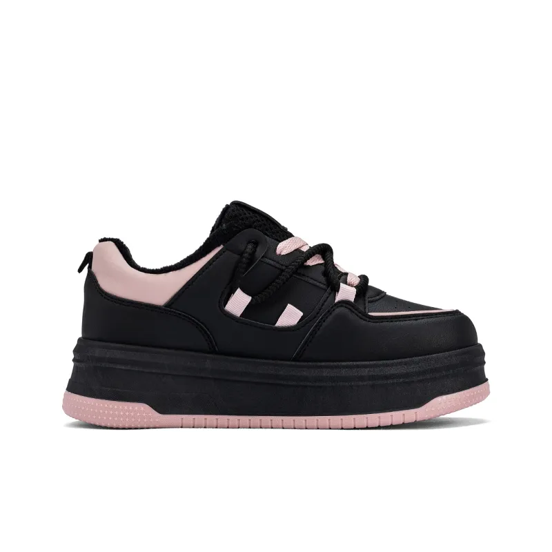 RENBEN Warm Height Increasing Low Top Skateboard Shoes Women's Black Pink-1