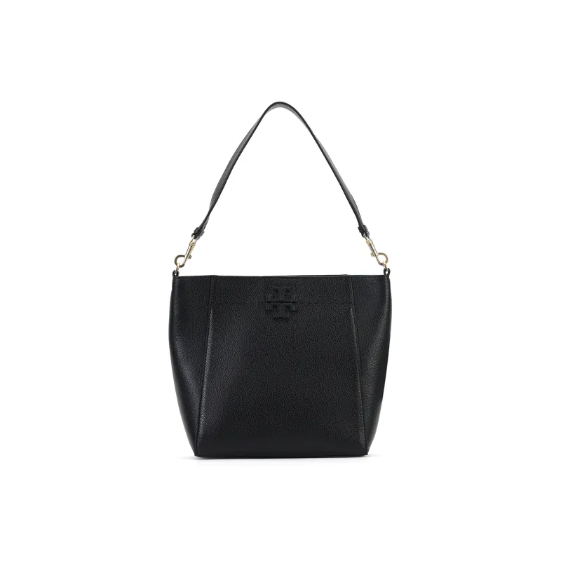 TORY BURCH McGraw Cow Leather Hobo Bucket Bag, One Shoulder Handbag Tubas Women's Black-0