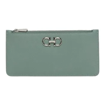 FERRAGAMO GANCINI Hammered Calfskin Card Holder, Wallet Women's Sage Green
