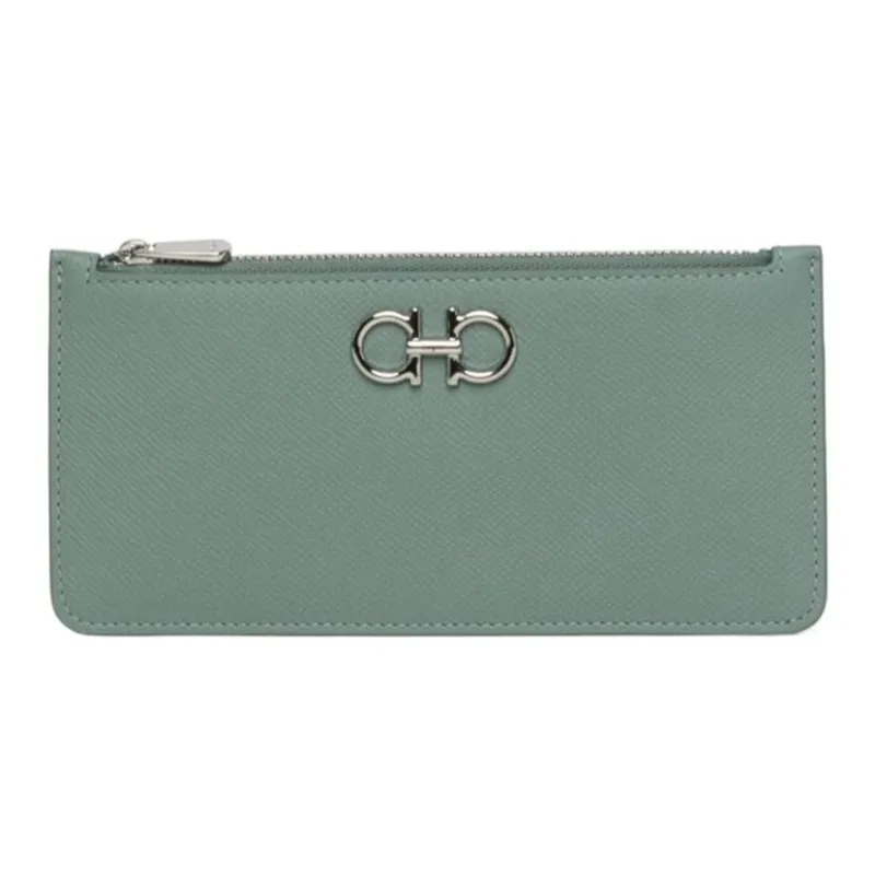 FERRAGAMO GANCINI Hammered Calfskin Card Holder, Wallet Women's Sage Green-0