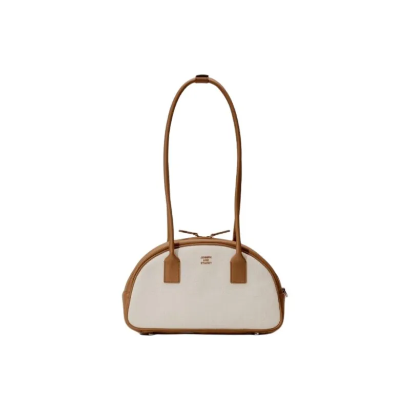 JOSEPH&STACEY Cotton Canvas Bowling Bag Shoulder Bag Women's Ivory With Mountain Walnut Brown-0