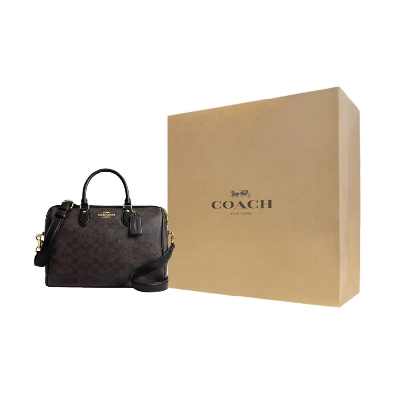 COACH Rowan Coated Canvas Crossbody One Shoulder Handbags Large Size Women's Walnut Wood With Black Accents-6