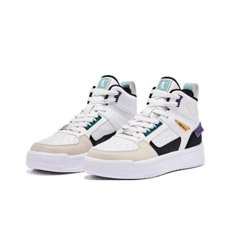 QIAODAN Coverage Anti-Slip And Wear-Resistant High-Top Skateboard Shoes Men's Jordan White Daylily White-2