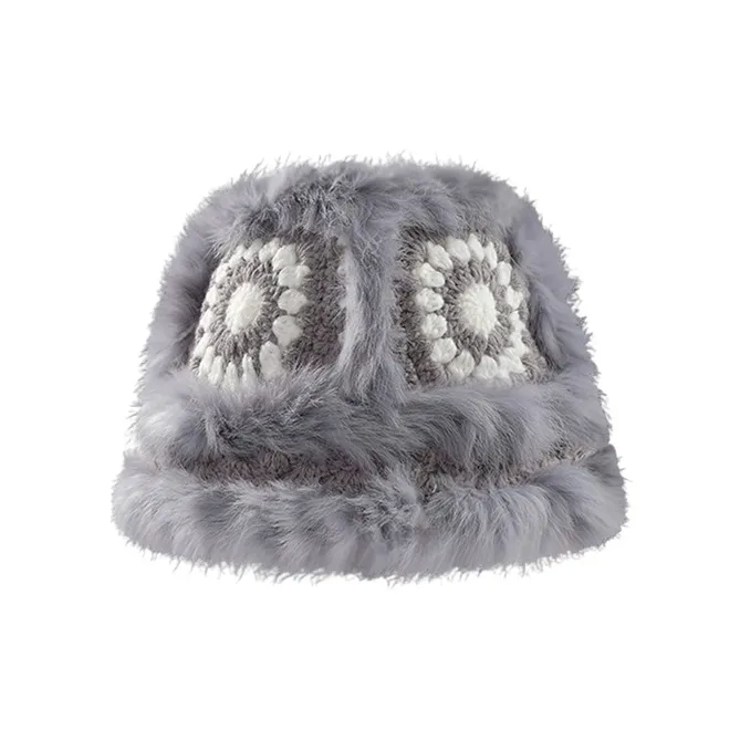 SMILING SHARK Rabbit Skin Fur Bucket Hats Women's-4