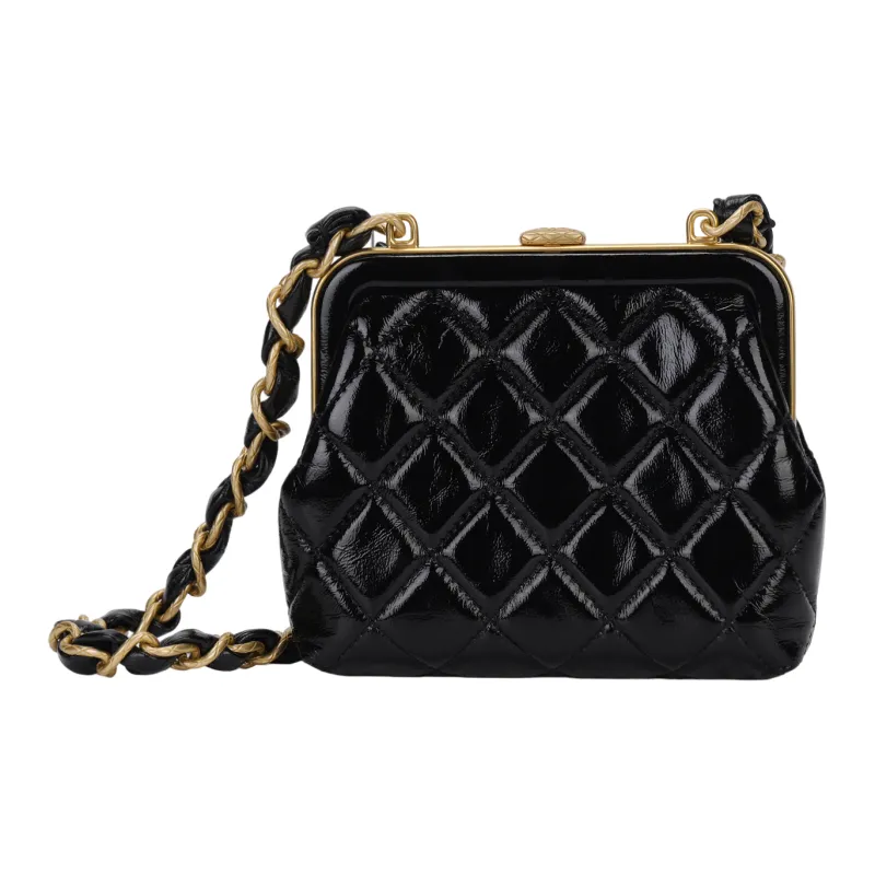 CHANEL Patent Leather Embossed Lambskin Shoulder Bag, Crossbody Bag Women's Black-2