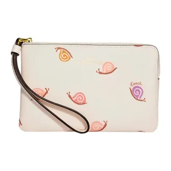 COACH Corner Zip Smooth Leather With Coated Canvas Card Holders Wrist Bags Clutches Women's Chalk White