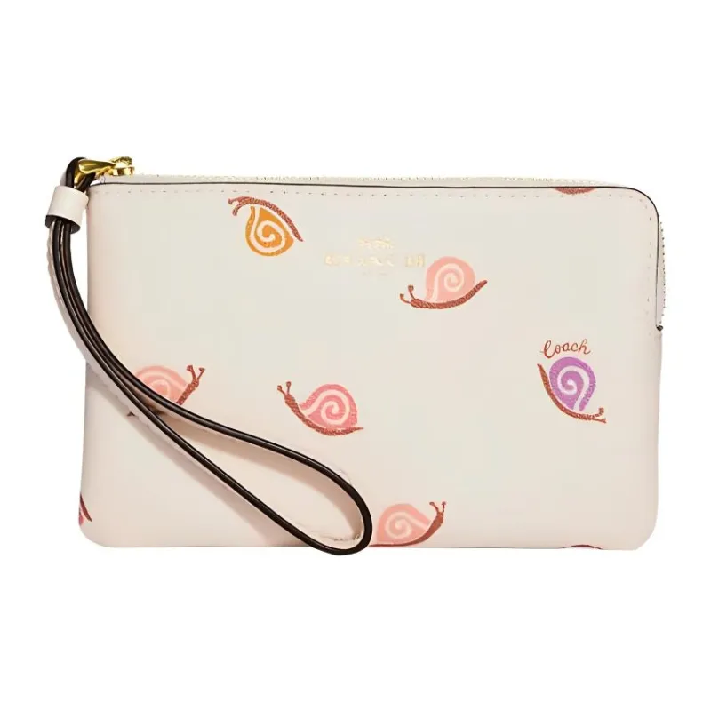 COACH Corner Zip Smooth Leather With Coated Canvas Card Holder Wrist Bag Clutch Women's Chalk White-0