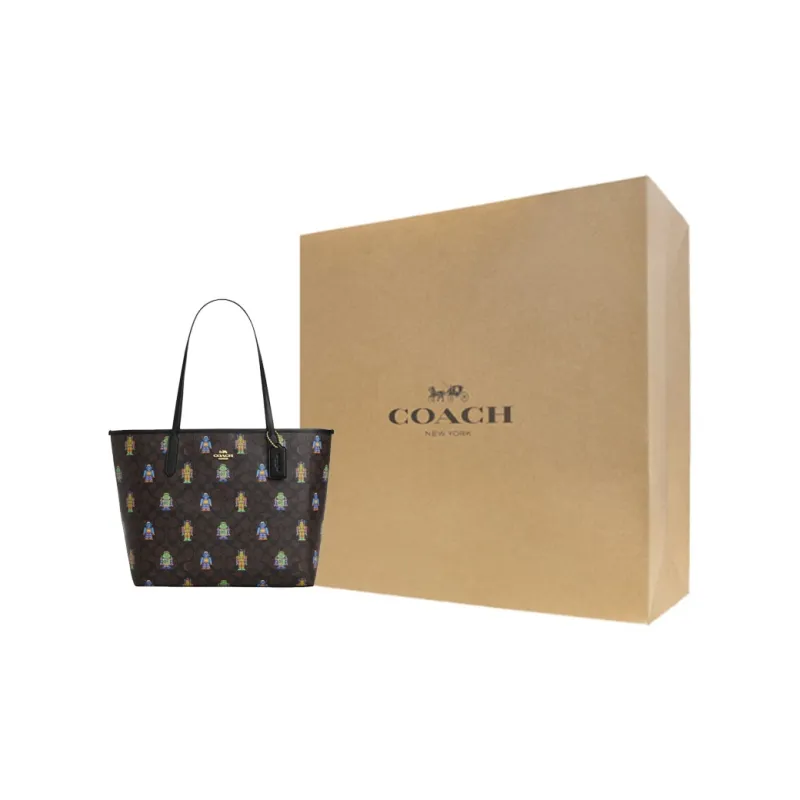 COACH Coated Canvas Handbag Shoulder Bag Unisex Gold Inlaid Walnut-7
