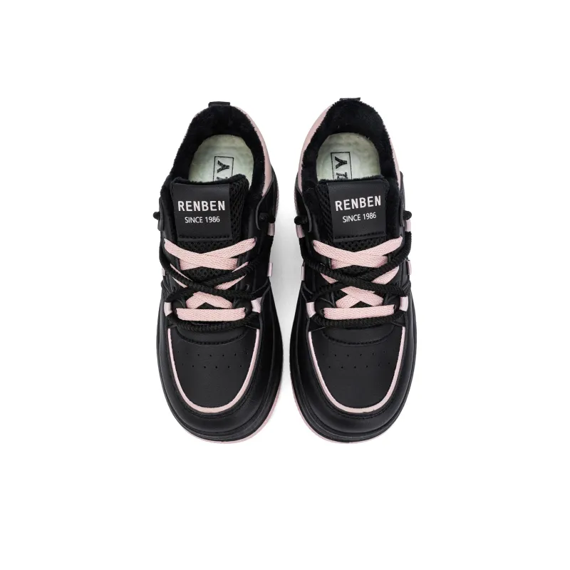 RENBEN Warm Height Increasing Low Top Skateboard Shoes Women's Black Pink-3