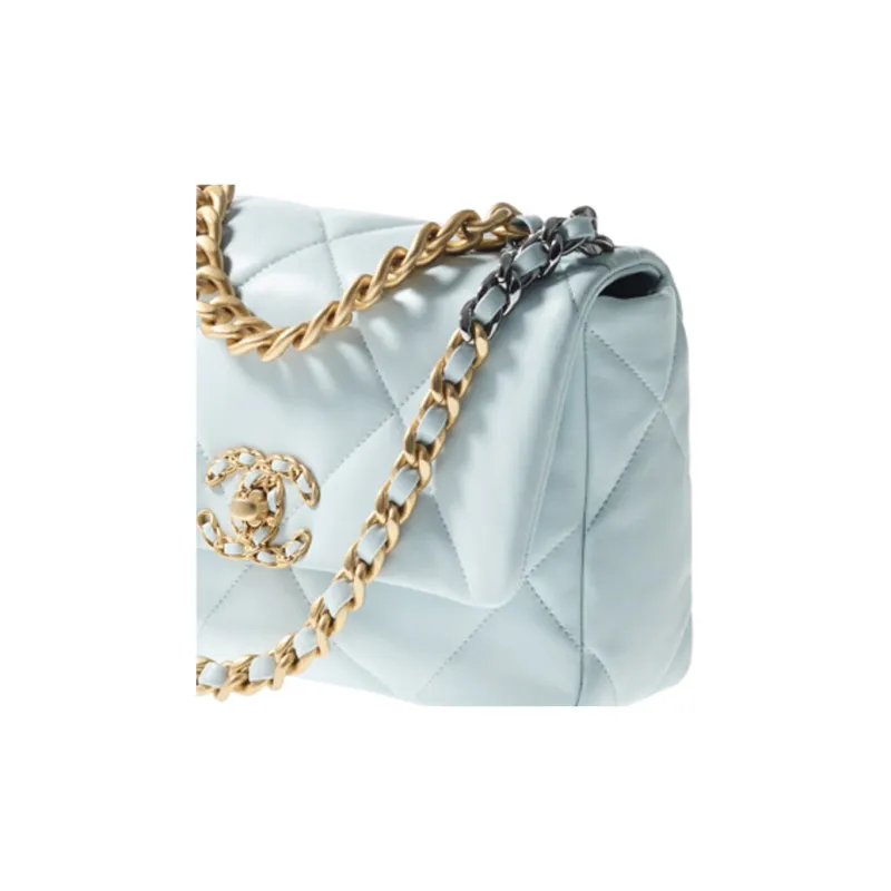 CHANEL 19Bag Lambskin And Gold Metal Shoulder Bag, Crossbody Bag Women's Light Blue-4