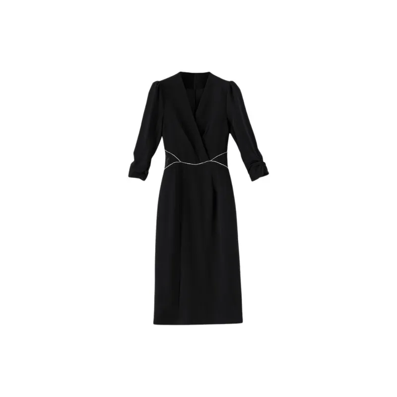 Late White Long Sleeved Dresses Women's Black-2