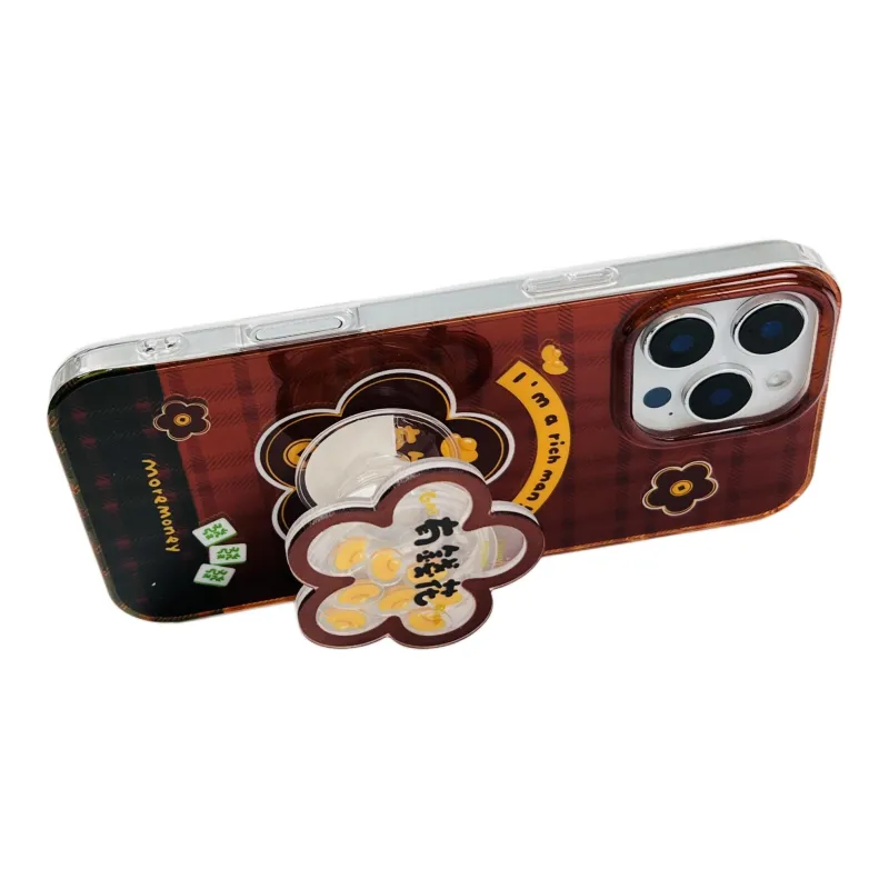 Wei Xin Acrylic Material Plaid Wealth Flower Stand Phone Cases Compatible With IPhone 16/15 Pro Max/Apple 13/14 Pro/Max-3