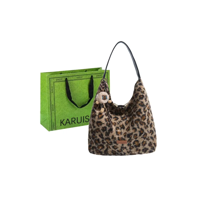 KARUISHA Woolen Shoulder Bag Regular Women's White Leopard Print/Brown Leopard Print/Black Leopard Print-4