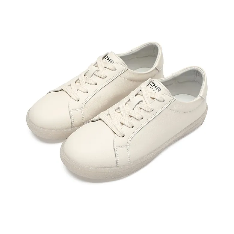 ZHR Flat White Sneakers Abrasion Resistant Breathable Low Top Skateboard Shoes Women's Beige-2