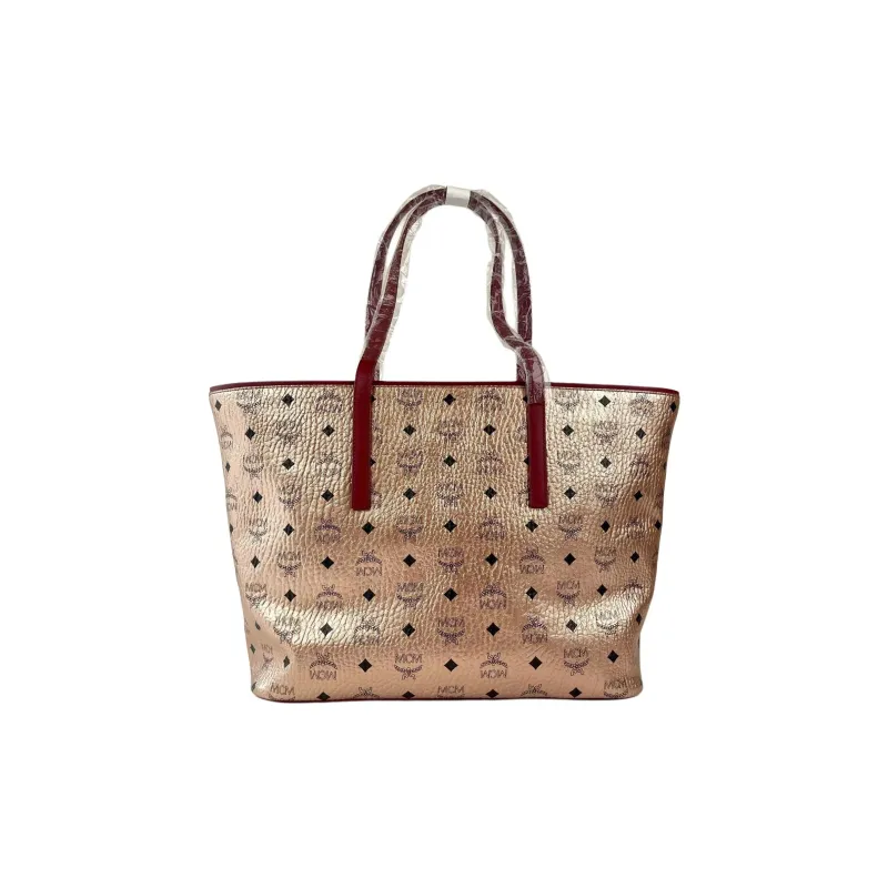 MCM Monogram Coated Canvas With Leather Tote Bag, Shopping Bag, Shoulder Bag Medium Size Women's Champagne Gold-3
