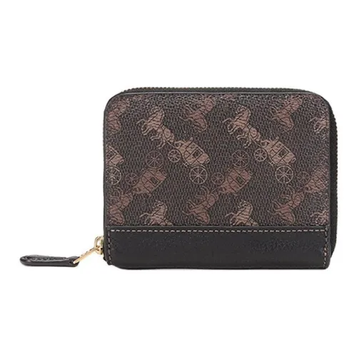COACH Zip Around Monogram With Leather Wallet Women's Black Brown