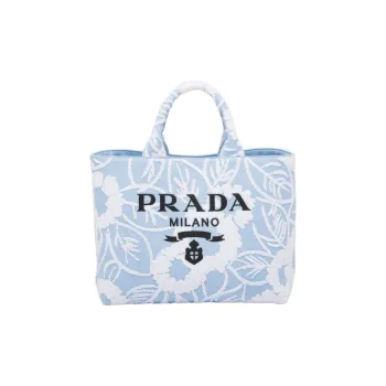 PRADA Fabric With Leather Accents Tote Bag Shopping Bag Handbag Women's Blue White Multicolor