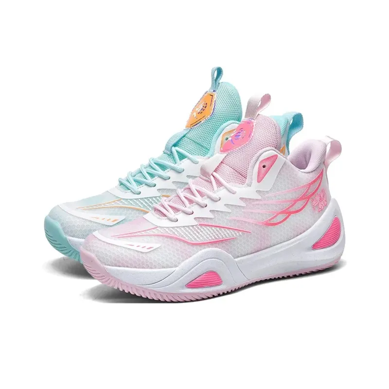BIANSULONG Shock Absorbers Slip Resistant Breathable High Top Basketball Shoes Unisex Pink Cyan Mismatched-0