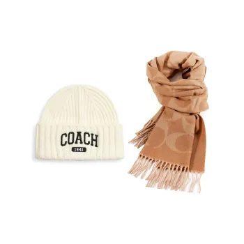 COACH Sheep Wool Beanie Cashmere Scarf Set Unisex