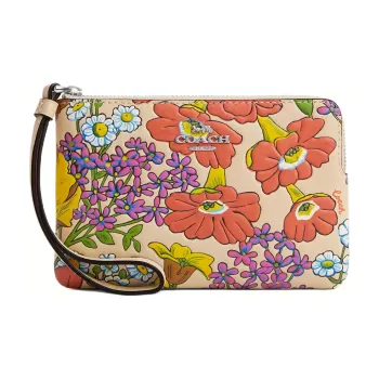 COACH Corner Zip Leather Clutch Small Size Women's Silver With Ivory Multicolor