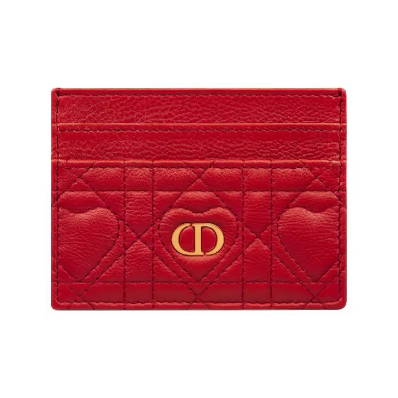 DIOR Caro Calfskin Card Holder Women's Red-0