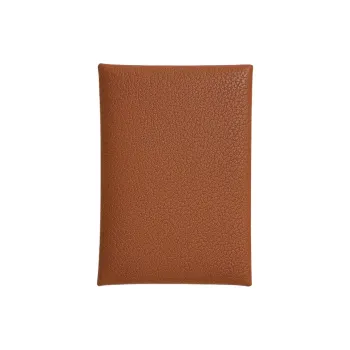 HERMES Calvi Duo Barenia Faubourg Calfskin Card Holder Women's 34 Fauve Light Tawny