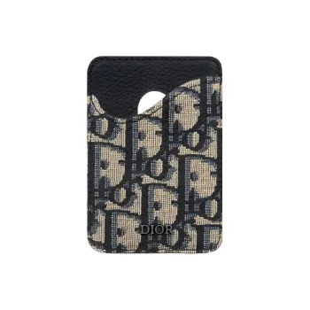DIOR Oblique Printed Fabric Grain Cow Leather Card Holder Men's Beige & Black