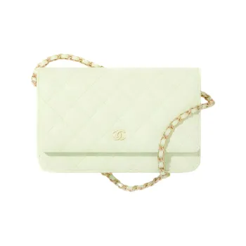 CHANEL 22c Early Spring Shiny Calfskin WOC Wallet On Chain Flap Bag, Crossbody Bag Women's Avocado Green